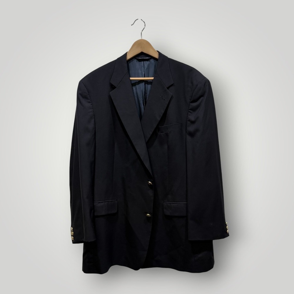 Burberrys Mens Navy Blue Wool Blazer Gold Crest Button Sport Coat 46R‎ Vintage